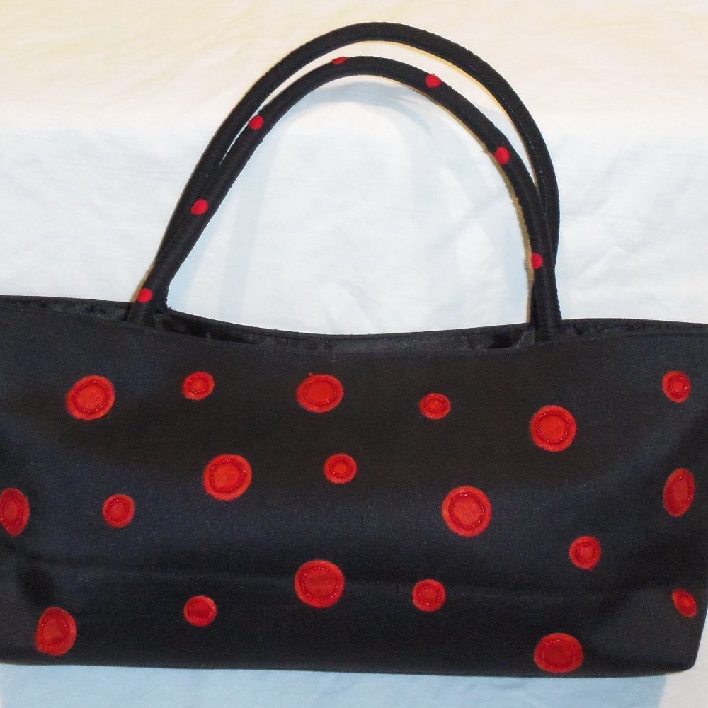 Black Canvas Purse Red Beaded Circles Design CUTE